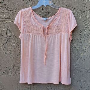 American Eagle Peach Swiss Dot Embellished Cap Sleeve Top